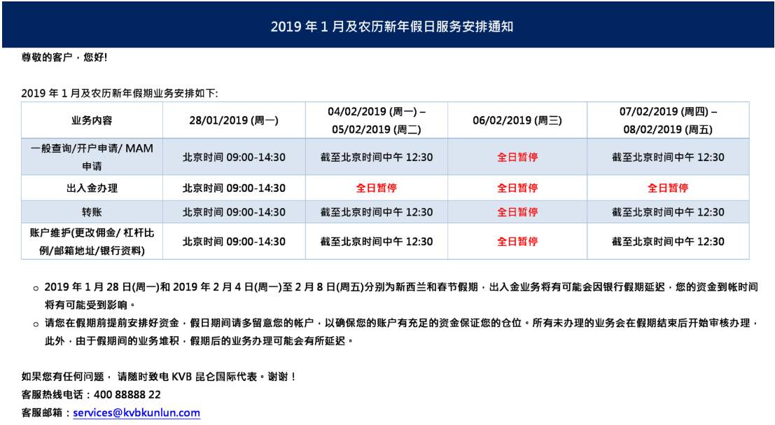 KVB昆仑国际2019年1月及农历新年假日服务安排通知