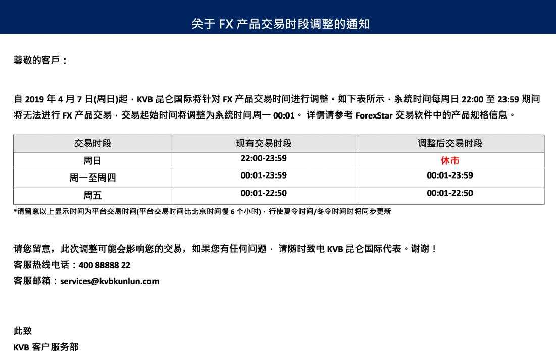 关于FX产品交易时间调整的通知