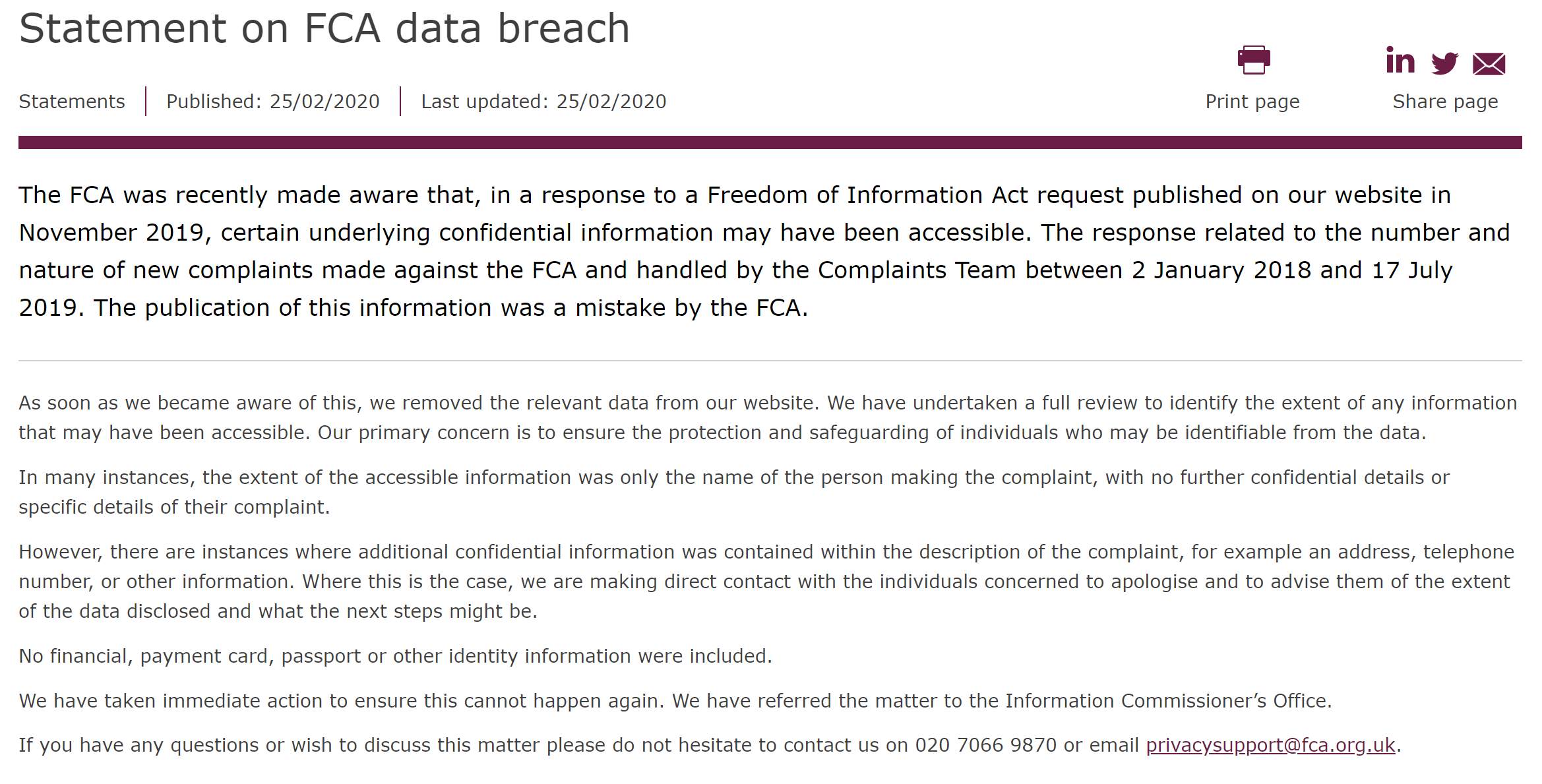 监管机构也“翻车”！FCA不慎披露个人隐私信息，现已删除并致歉