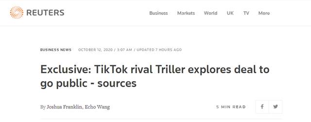 TikTok美国竞品Triller被爆寻求上市，外媒：正值其寻求利用TikTok困境获利之际