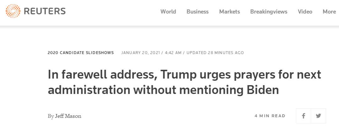 “旧人”特朗普告别演说：不提拜登只提中国