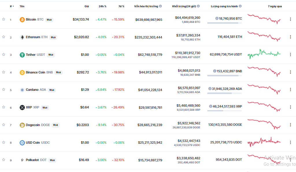 Thị trường tiền ảo hồi phục mạnh, Bitcoin trở lại ngưỡng 34,000 USD
