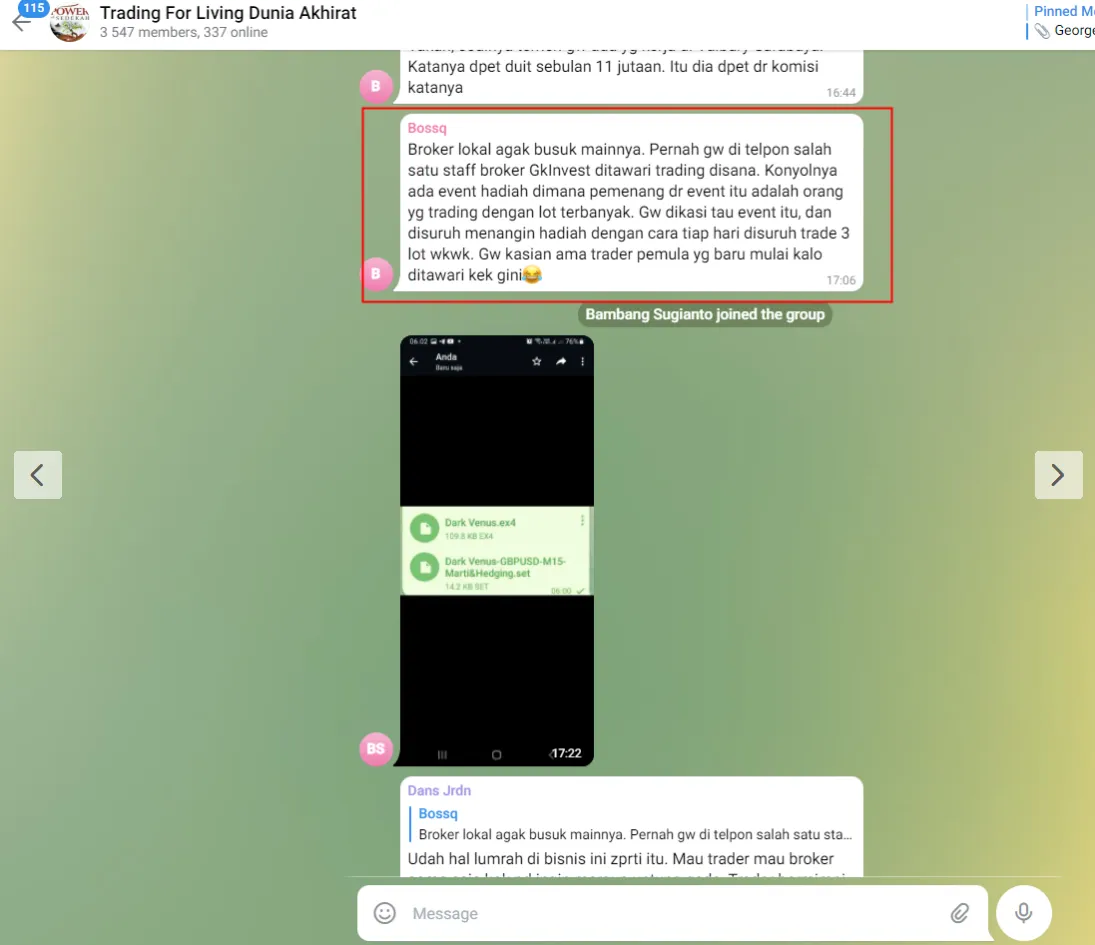 Salah SatuTrader Grup Telegram Menyebutkan, Event GKInvest Tidak Adil Dengan Trader Pemula