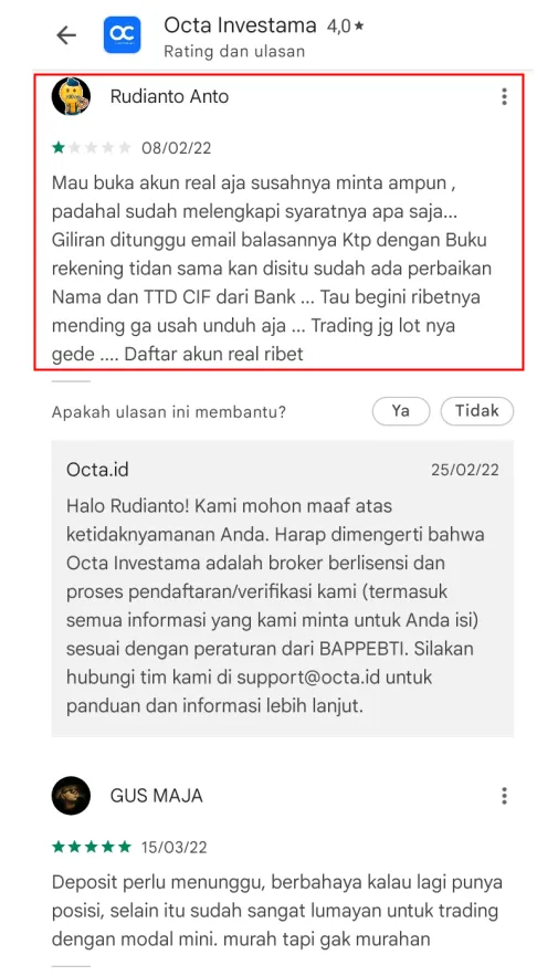 Calon Nasabah Mengeluhkan Buka Akun Real di Octa Investama Sulit !!