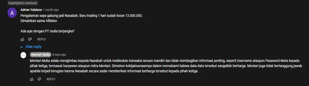 Nasabah PT Mentari Mulia Berjangka Kalah 13juta karena Dimainkan oleh Afiliator? Yuk Kita Simak Klarifikasinya...