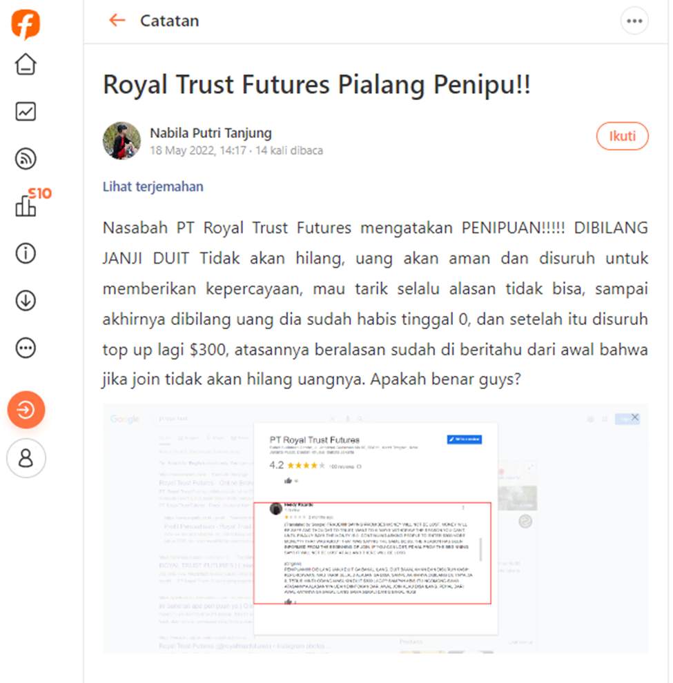 Nasabah Royal Trust Futures Merugi Akibat Dugaan Penipuan