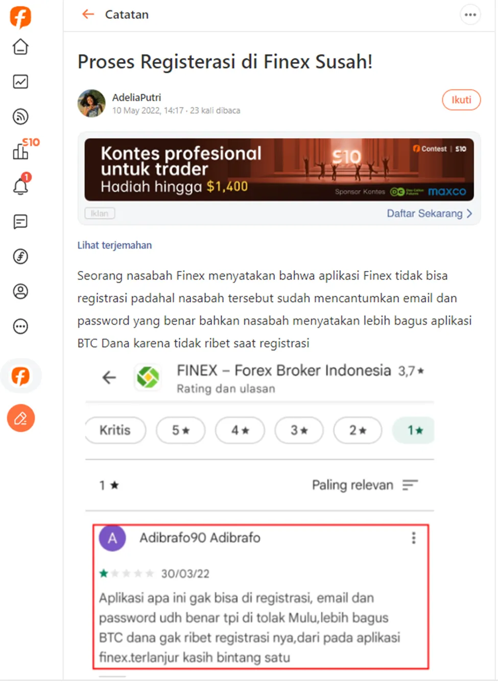 Trader Keluhkan Registerasi di Finex Selalu Gagal!