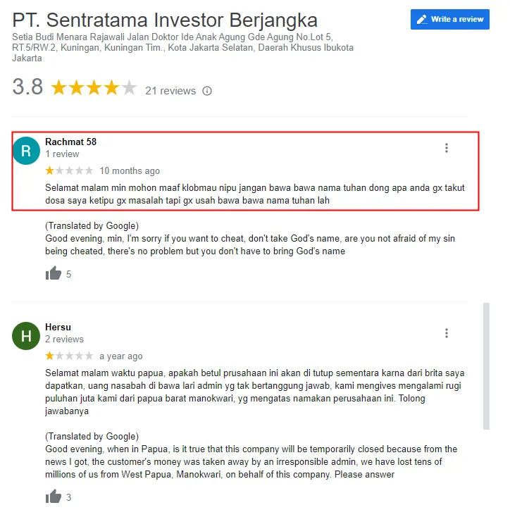 Oknum Sentratama Investor Berjangka Melakukan Penipuan Kepada Calon Nasabahnya