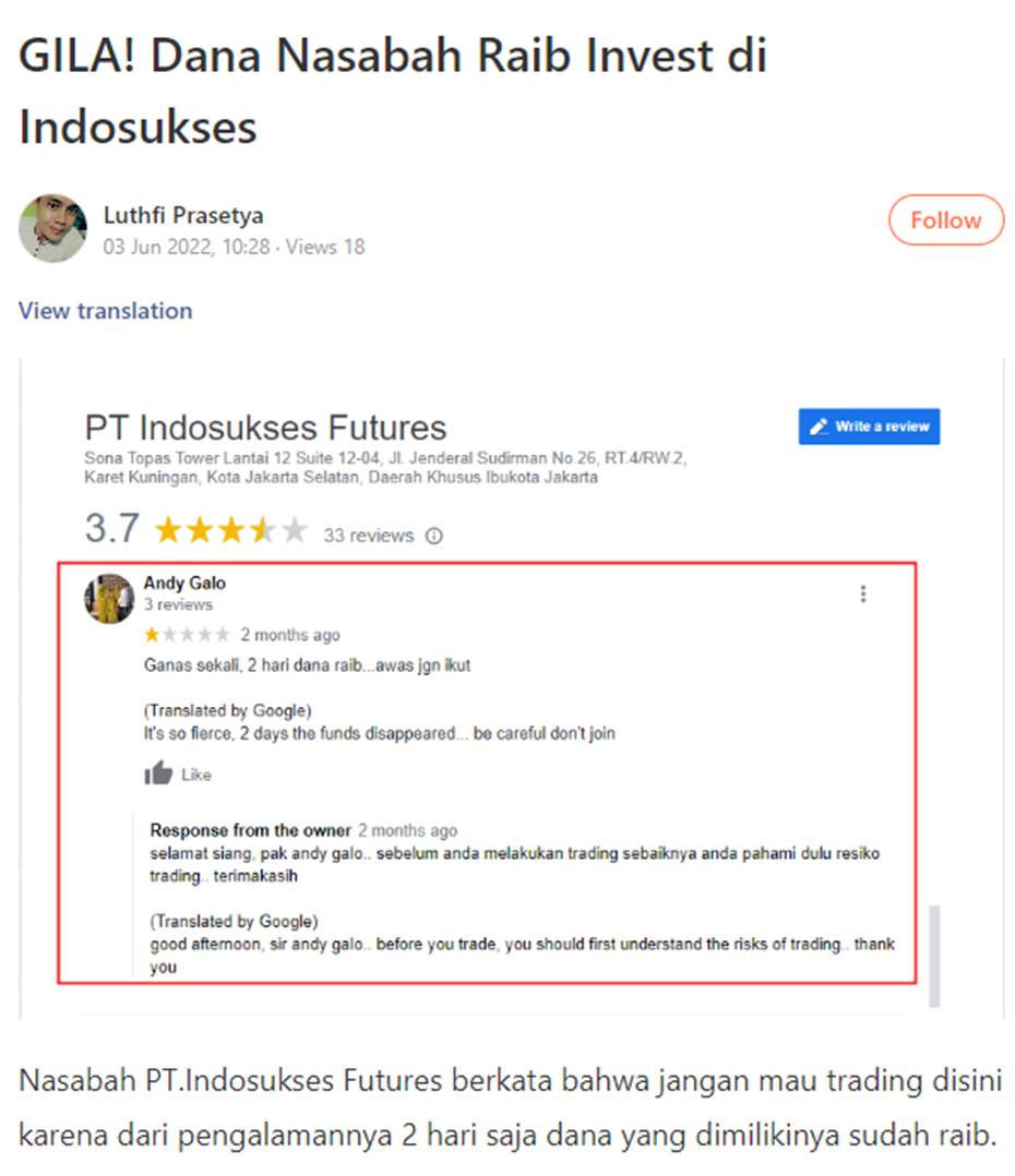 Waspada! Dana Raib Ketika Melakukan Investasi di Indosukses Futures