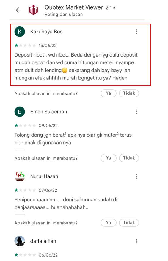 Seorang pengguna Aplikasi QUOTEX merasa aplikasi tersebut seperti dahulu