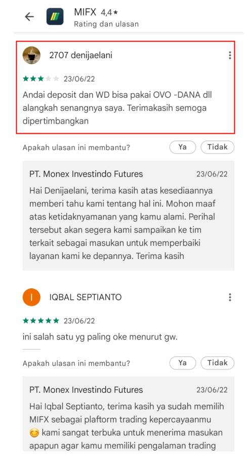 Seorang nasabah MIFX menyarankan agar metode deposit bisa melalui digital wallet