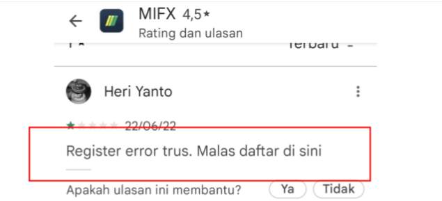 Calon Nasabah MIFX Menyampaikan Kendala Registrasi Lewat Aplikasi