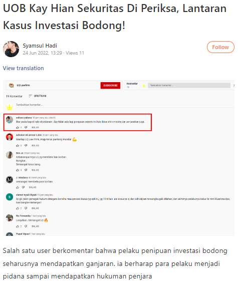 Terjadi Lagi Kasus Investasi Bodong! UOB Kay Hian Sekuritas Menjadi Tersangka? Simak Ceritanya.