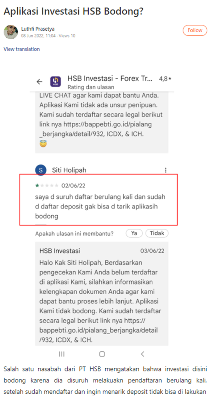 HSB Aplikasi Investasi Bodong, Benarkah?
