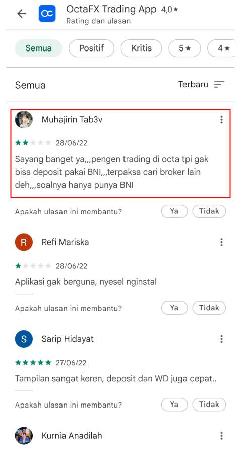 Nasabah OctaFX menyayangkan metode deposit hanya bisa untuk bank tertentu.