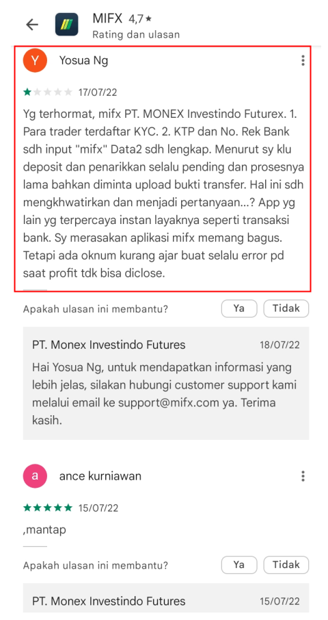 Nasabah MIFX Memberikan Kritik dan Saran Melalui Ulasan Aplikasi