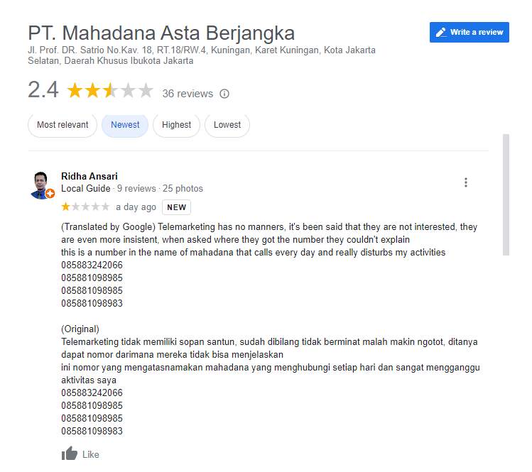 Waduh! Telemarketing Broker Mahadana Tidak Punya Sopan Santun?