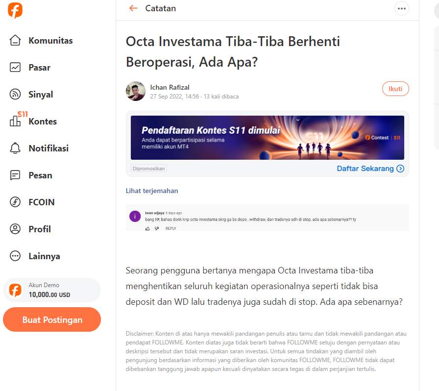 Octa Investama Bantah Setop Operasi Menjadi Pialang Berjangka