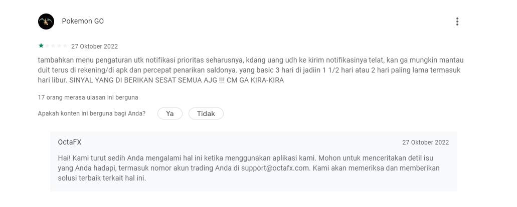 Nasabah Menyarankan Perlu Adanya Tambahan Menu di Aplikasi OctaFX