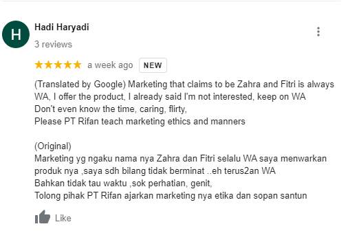 Tolong Pihak PT Rifan Ajarkan Etika dan Sopan Santun kepada Marketingnya!