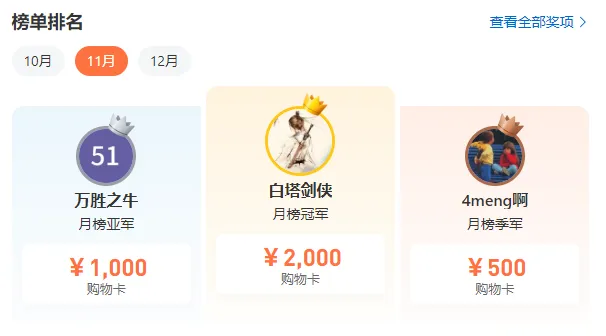 大赛11月月榜榜单新鲜“着陆”