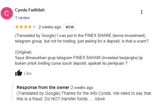 Penipuan di Telegram Mengatasnamakan Finex, Waspada!