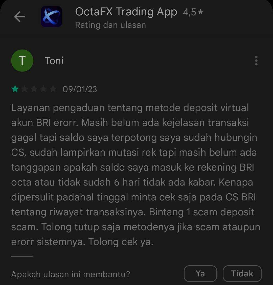 Layanan Deposit Virtual Akun BRI di Broker OctaFx Eror?