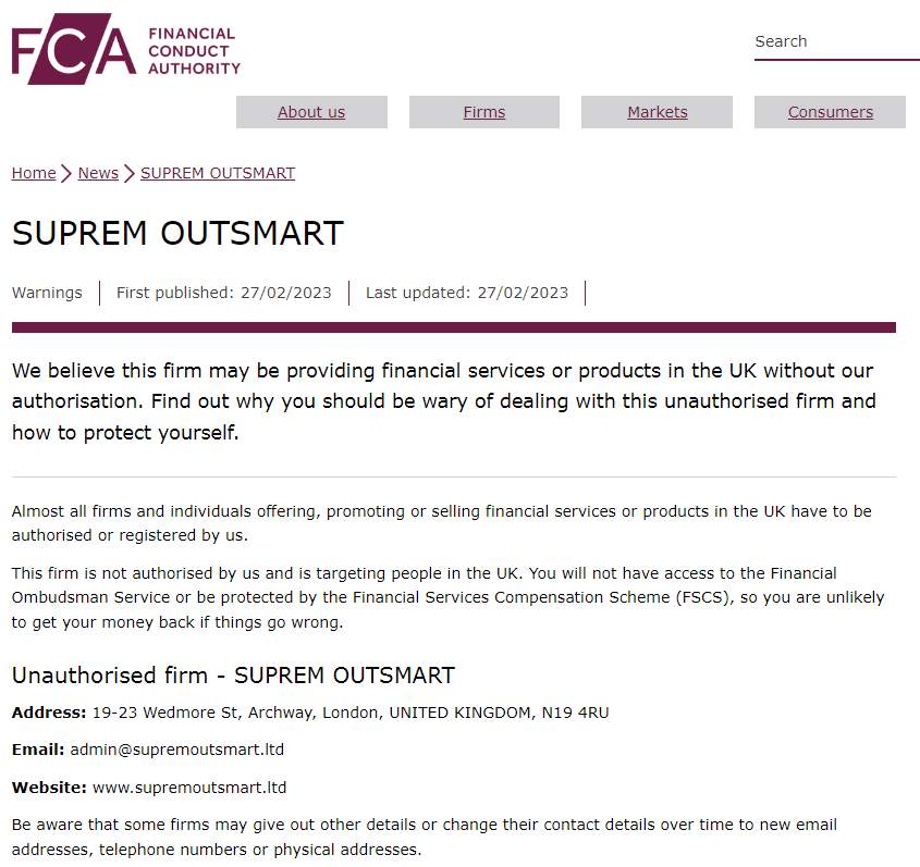 FCA警告：SUPREM OUTSMART不受监管