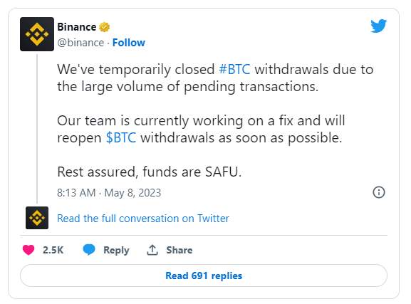 Binance lại tạm ngưng dịch vụ rút Bitcoin