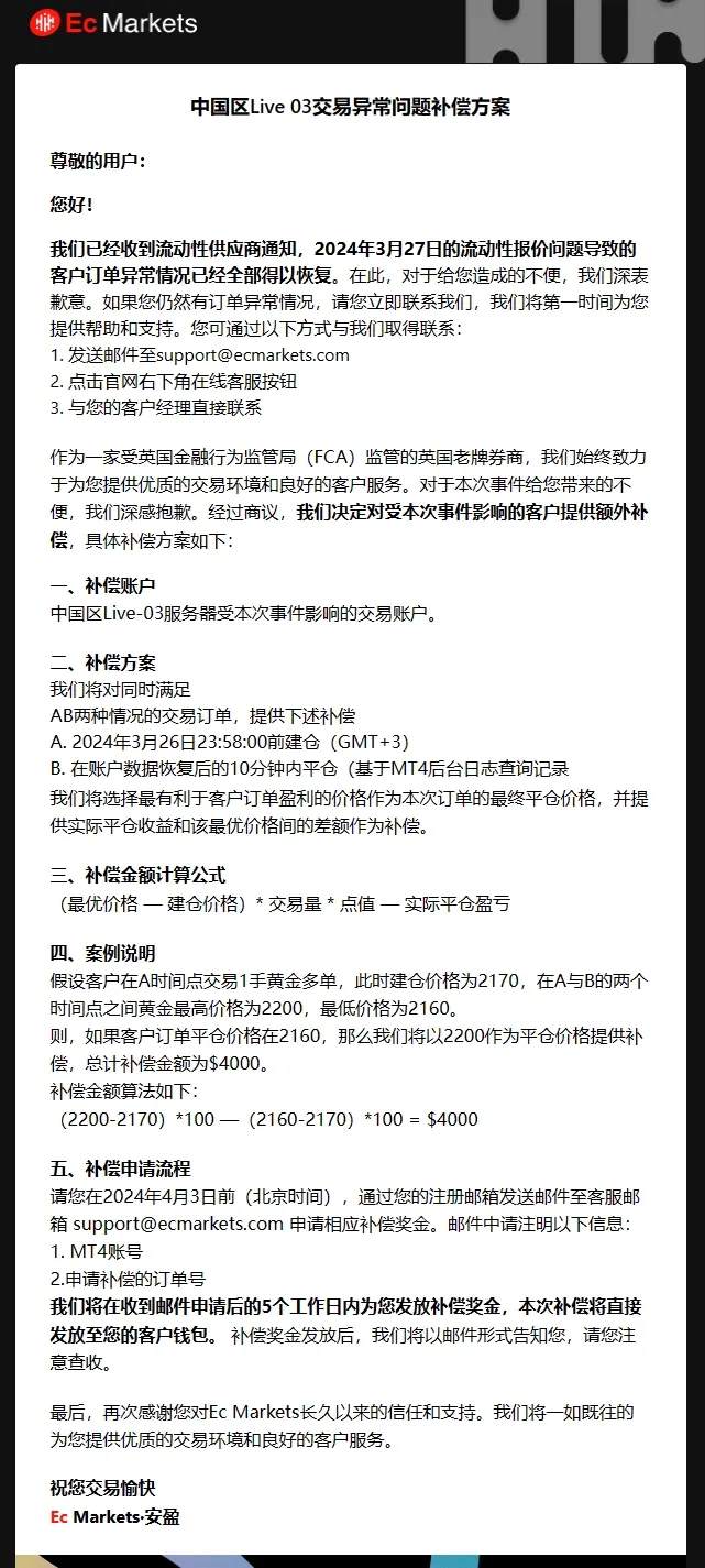 离谱的点差？Ec Markets公布交易异常问题补偿方案