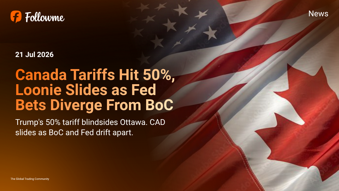 Canada Tariffs Hit 50%, Loonie Slides as Fed Bets Diverge From BoC