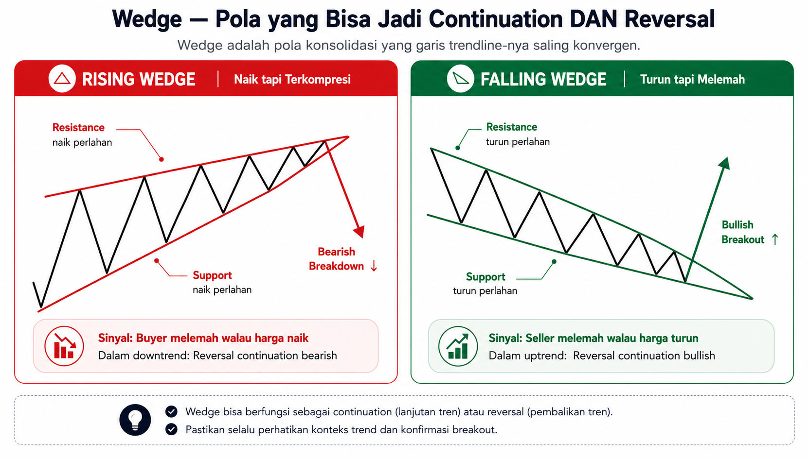 Rising Wedge pattern showing converging upward lines that break down bearishly, next to a Falling Wedge pattern showing converging downward lines that break out bullishly