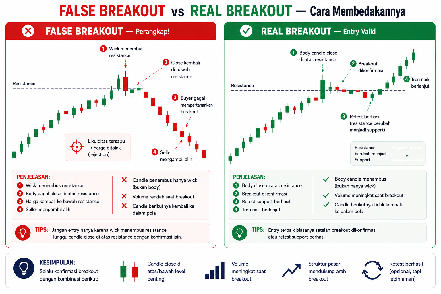 Comparison of a false breakout, where only the wick pierces the pattern line, and a real breakout, where the candle body closes beyond it