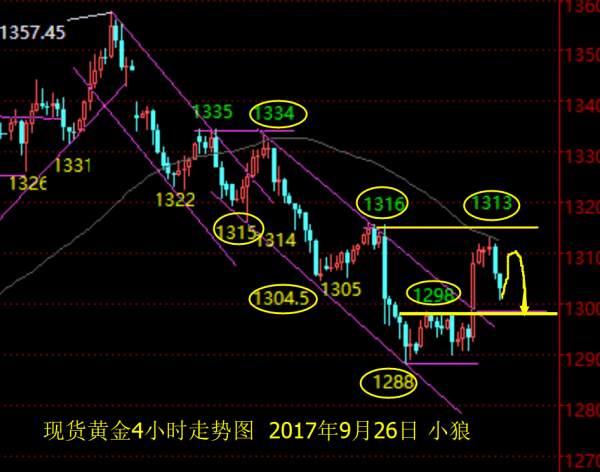 小狼：晚盘黄金1299-1309整理，先多后空