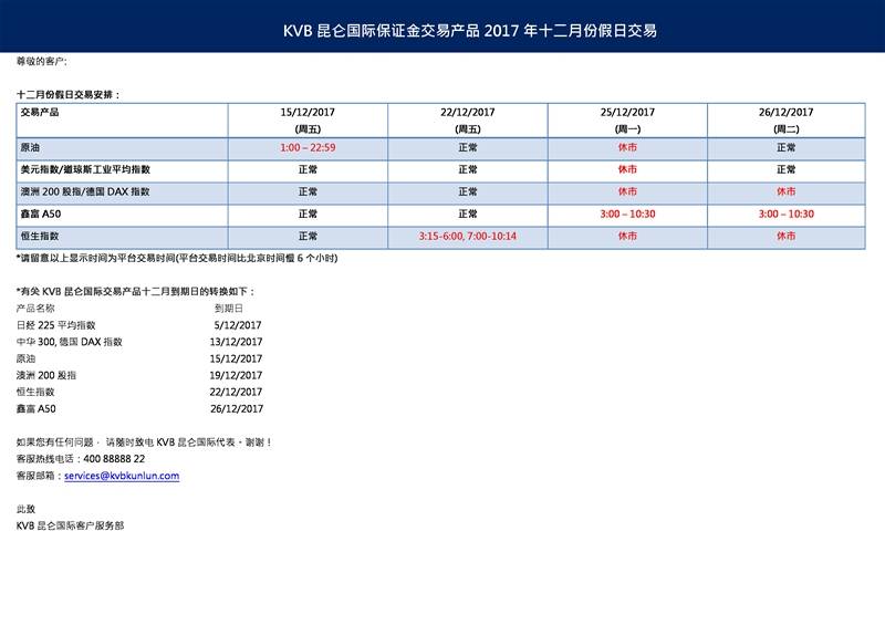 KVB昆仑国际保证金交易产品2017年十二月月份假日交易安排通知