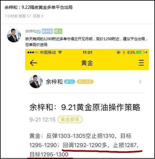 余梓和：9.22黄金1298空单持有中，原油看空