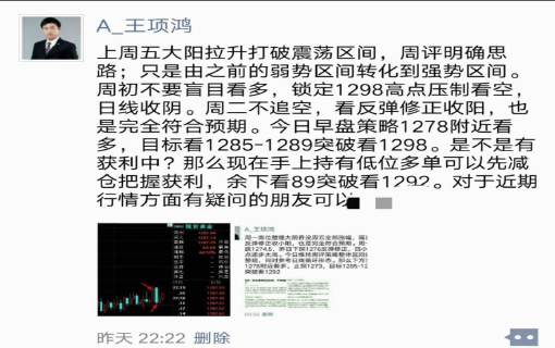 王项鸿：本周保持全胜佳绩，黄金1292看回落收阴