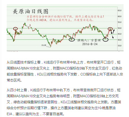 方墨渊:8.25原油EIA完美获利110点,而你多单被套待解救!