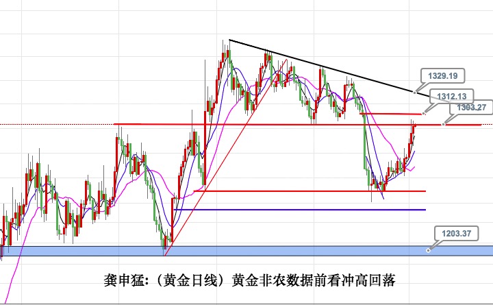 龚申猛:非农前预计黄金走冲高回落!1300已进多!