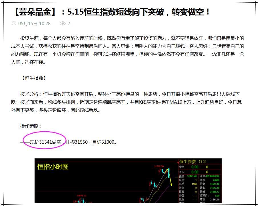 【芸朵品金】：5.15恒生指数突破下行，或将迎来中空机会！