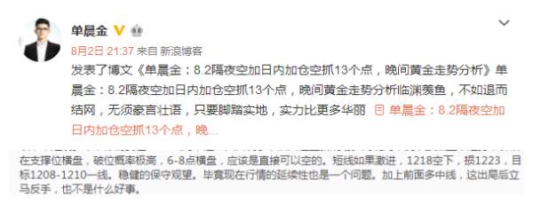 单晨金：8.3黄金隔日空再次获利，日内走势分析及策略