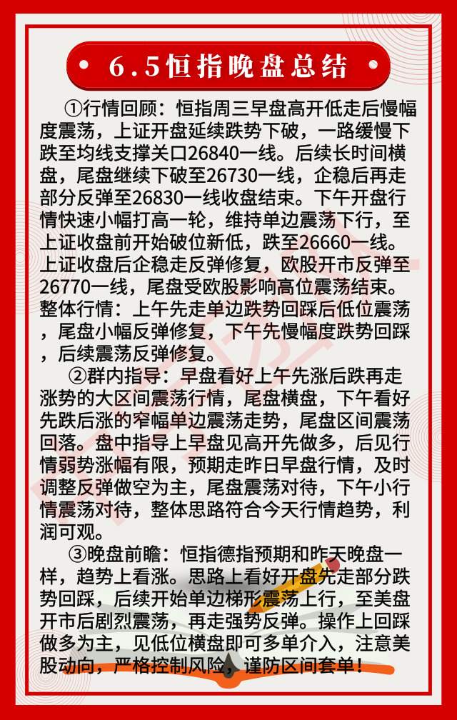 6.5恒指晚盘总结|恒指涨幅收窄至0.5%，晚盘回踩做多为主