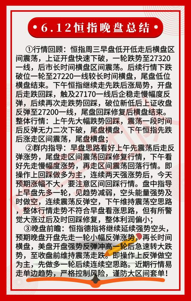 6.12恒指晚盘总结|恒指大跌1.73%，晚盘看好空头为主