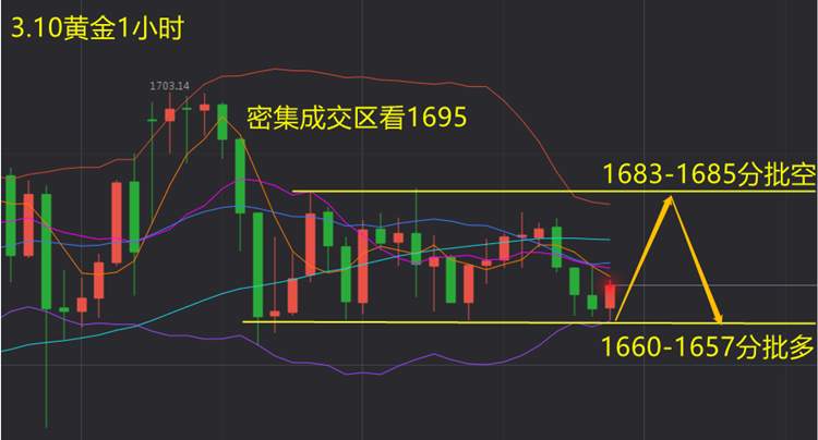 交易笔记示例叶海锐：3.10黄金陷入多空拉锯走势，后市操作解析推送。
