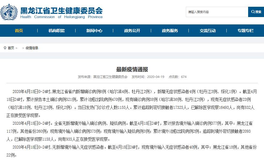 最新通报：黑龙江新增6例确诊病例 全省无新增境外输入病例