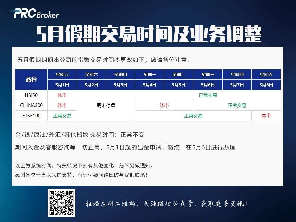 5月假期交易时间以及业务办理调整通知