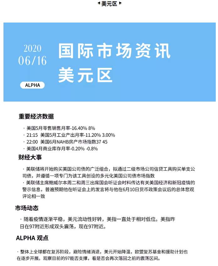ALPHA全球金融动态——2020-06-16