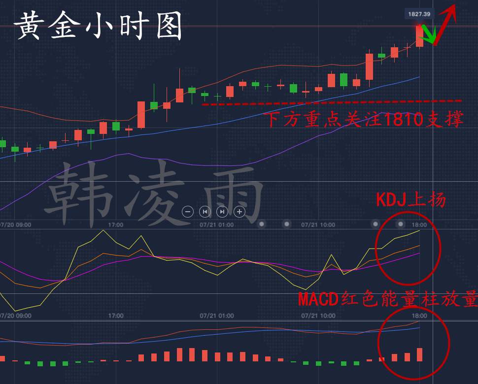 韩凌雨：7.21黄金不断打破九年高点，上涨通道直接看向1850！