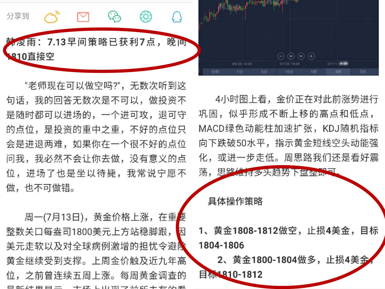 韩凌雨：7.13美盘黄金12空单已获利8点，跟上起码还有5点利润