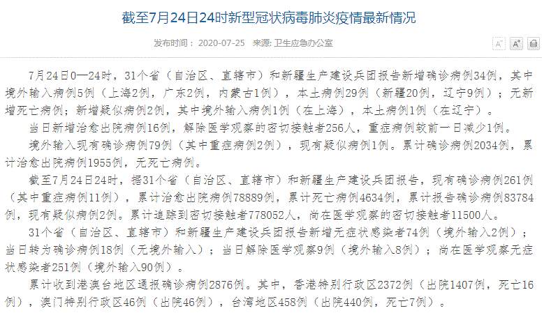 最新疫情！全国新增确诊病例34例，其中境外输入病例5例（上海2例，广东2例，内蒙古1例）、本土病例29例（新疆20例，辽宁9例）新增无症状感染者74例（境外输入2例）